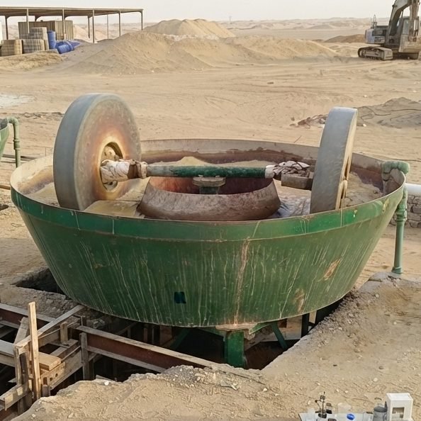 Wet pan mill gold processing at Northern El-Romite concession, Eastern Desert, Egypt